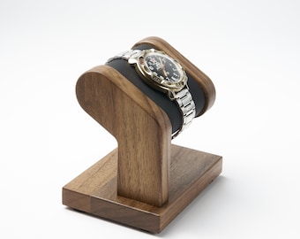 Personalized single wood watch stand for men, walnut watch holder for wristwatch with leather pillow