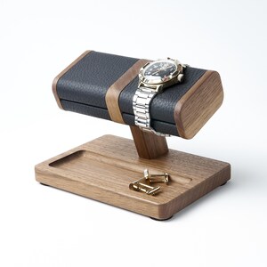 Wood watch stand for 2 watches with genuine leather, watch storage, personalized gift for men