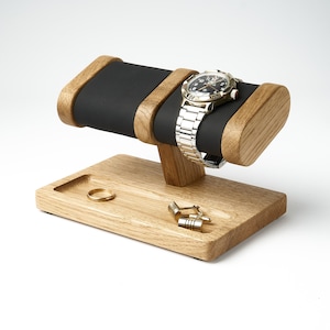 Personalized wood watch holder for 2 watches with place for storage keys, ring, necklace, pin, jewelry, watch stand with leather pillows