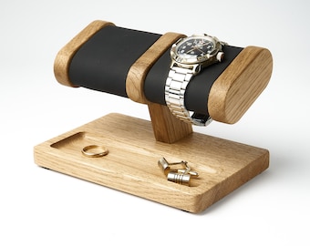 Personalized wood watch holder for 2 watches with place for storage keys, ring, necklace, pin, jewelry, watch stand with leather pillows