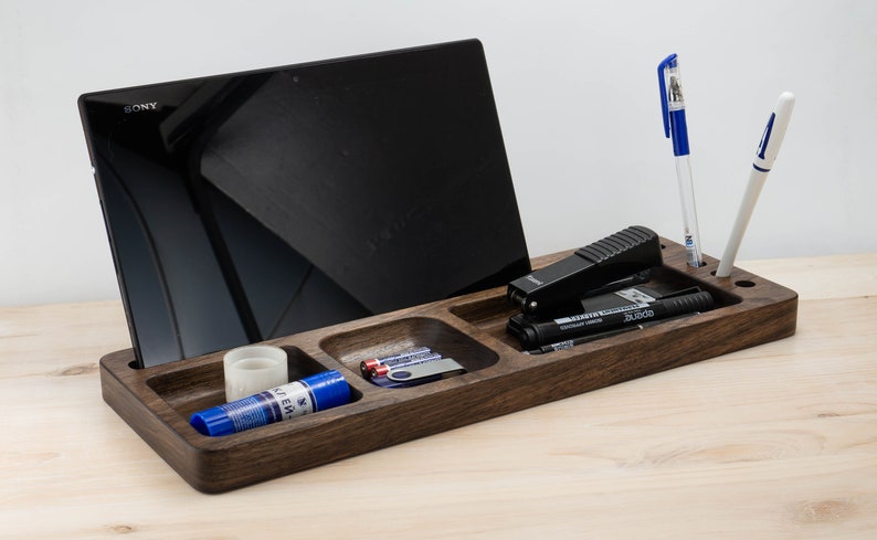 Wood Desk Organizer Tray Office Organization Phone Stand Pencil Holder Iphone