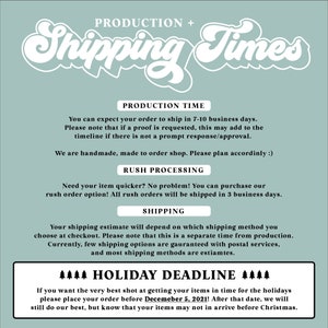 May include: A teal graphic with the text "PRODUCTION + Shipping Times" in white. The graphic provides information on production time, rush processing, shipping, and a holiday deadline of December 5, 2021.
