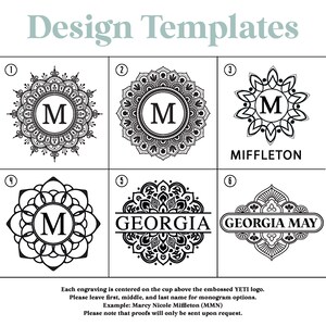 May include: Design templates featuring ornate circular designs with the letter "M" in the center. The designs are in dark gray on a black background. Some templates include the names "Miffleton", "Georgia", and "Georgia May". The text "Design Templates" is at the top.