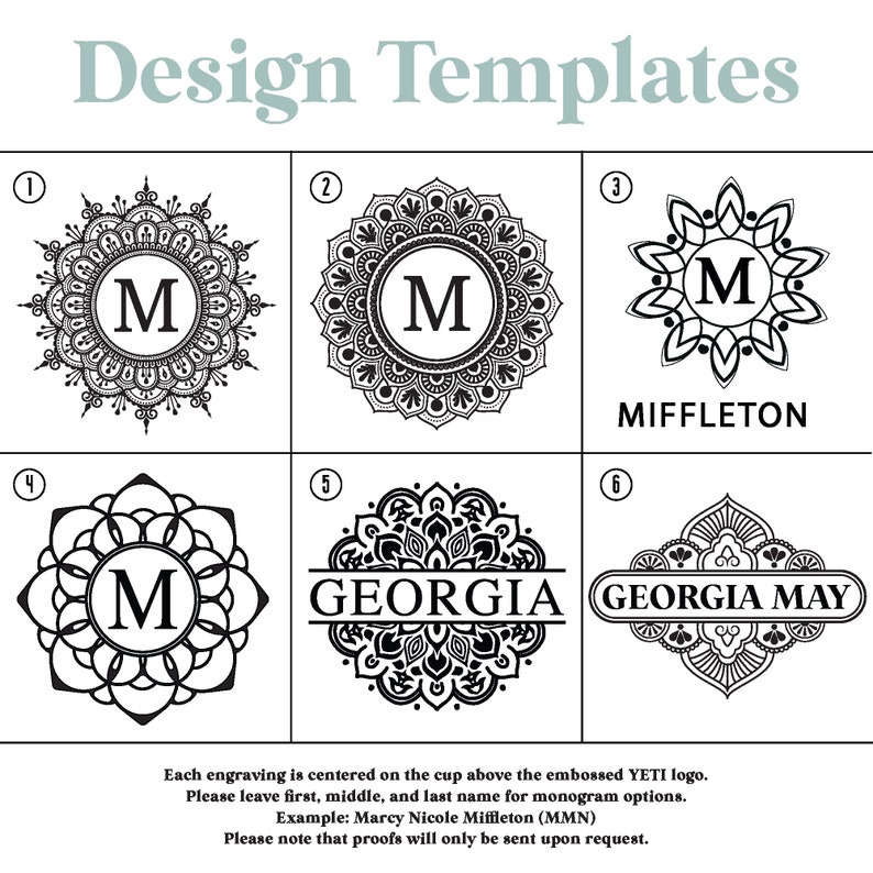 May include: Design templates featuring ornate circular designs with the letter "M" in the center. The designs are in dark gray on a black background. Some templates include the names "Miffleton", "Georgia", and "Georgia May". The text "Design Templates" is at the top.