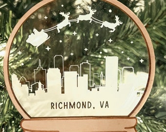 Laser Engraved Richmond Virginia Ornament with Suede Hanger / RVA Skyline Wooden and Acrylic Ornament / Stocking Stuffer