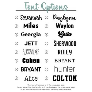 May include: Black background with the words "Font Options" in a teal script font. The letters a through p are listed in two columns, with a note about text fitting in the area.