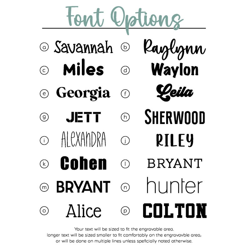 May include: Black background with the words "Font Options" in a teal script font. The letters a through p are listed in two columns, with a note about text fitting in the area.