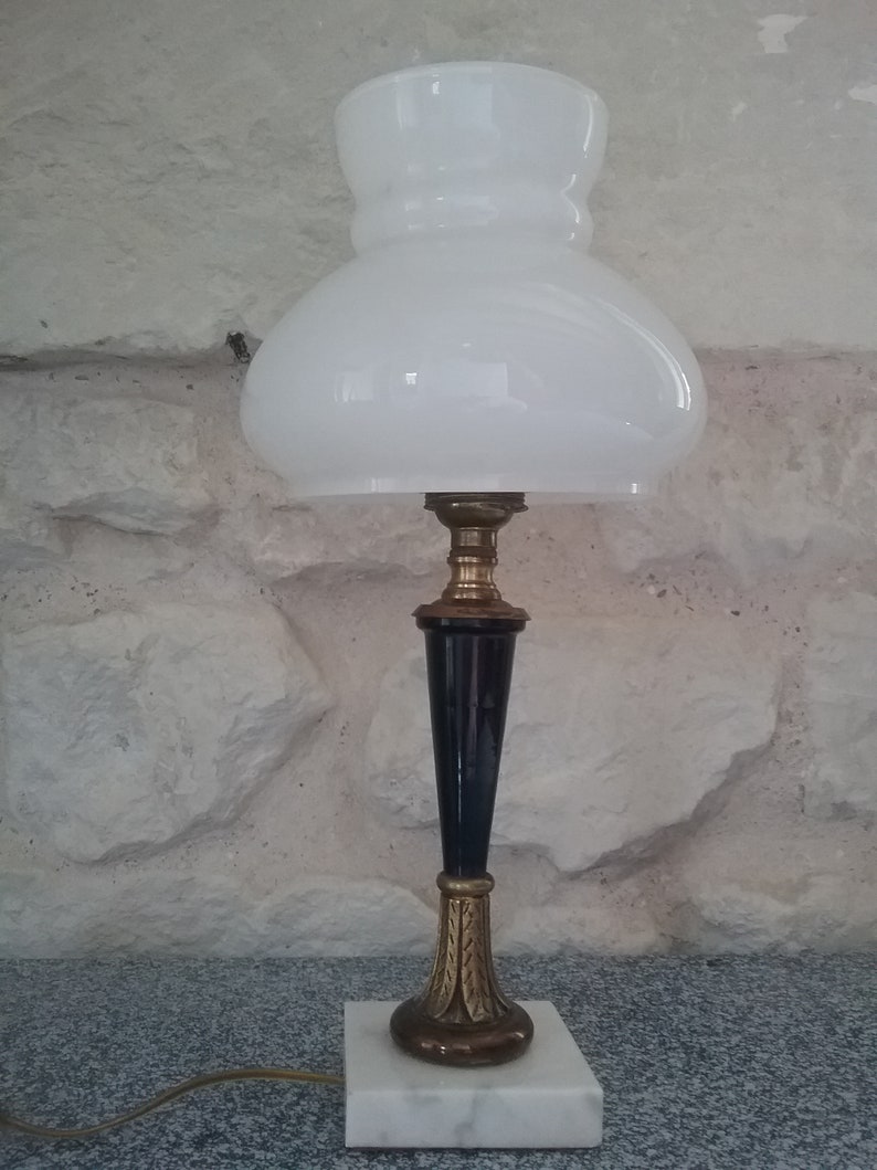Small Vintage Lamp Table Retro Deco 50 S Opaline Globe Marbled Bakelite France Foot Fifities Soble