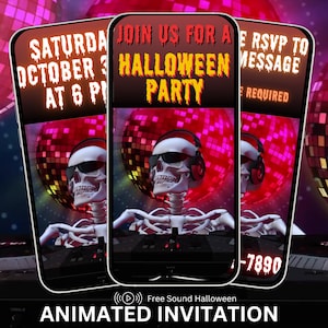 May include: Animated Halloween party invitation on a smartphone screen. The design features a skeleton wearing sunglasses and headphones in front of a disco ball. Text includes "Join us for a Halloween party" and RSVP information.