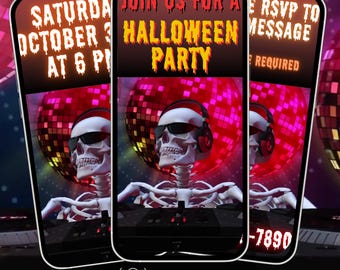 May include: Animated Halloween party invitation displayed on a smartphone. The design shows a skeleton with sunglasses and headphones, set against a disco ball backdrop. Text includes party details and RSVP information.