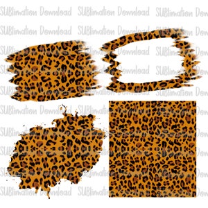 May include: Four digital designs featuring a leopard print pattern. The designs include a full pattern, a frame, and two distressed shapes.