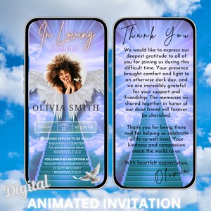 May include: A digital animated invitation for a memorial service. The invitation features a photo of a woman with angel wings, a cloudy sky background, and the text "In Loving Memory Olivia Smith". The invitation includes the date, time, and location of the service, as well as the text "Thank You" and a message of gratitude.