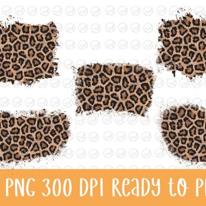 May include: Five digital clipart images of leopard print with a distressed, paint-splattered effect. The images are in shades of brown and black on a white background. PNG 300 DPI Ready to Press.