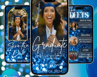 Convite Digital Animado Azul Marinho e Dourado para Formatura, Turma de 2025, Convite para Formatura de 2025, Vídeo de Convite para Festa de Formatura, Convite Editável