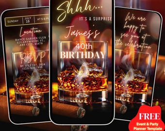Modèle d'invitation d'anniversaire whisky et cigare à l'ancienne, invitation à une fête surprise bourbon pour homme, 40e ou 50e anniversaire, vieilli à la perfection