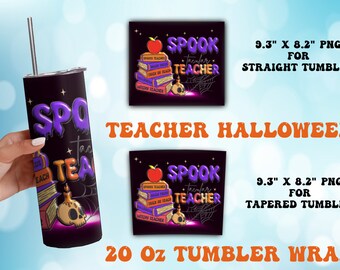 May include: A 20 ounce tumbler wrap design featuring a purple and black design with the text "Spook Teacher" and a stack of books with Halloween themed titles. The design is suitable for both straight and tapered tumblers.