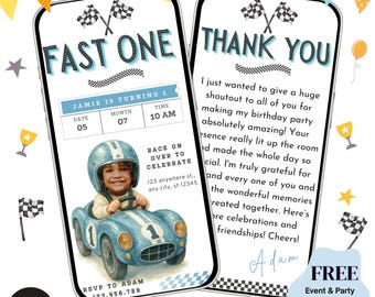 Fast One Race Car 1st Birthday Animated Invitation With Photo Personalable, Blue Car First Lap Racing Animated Mobile Invite, Editable Canva