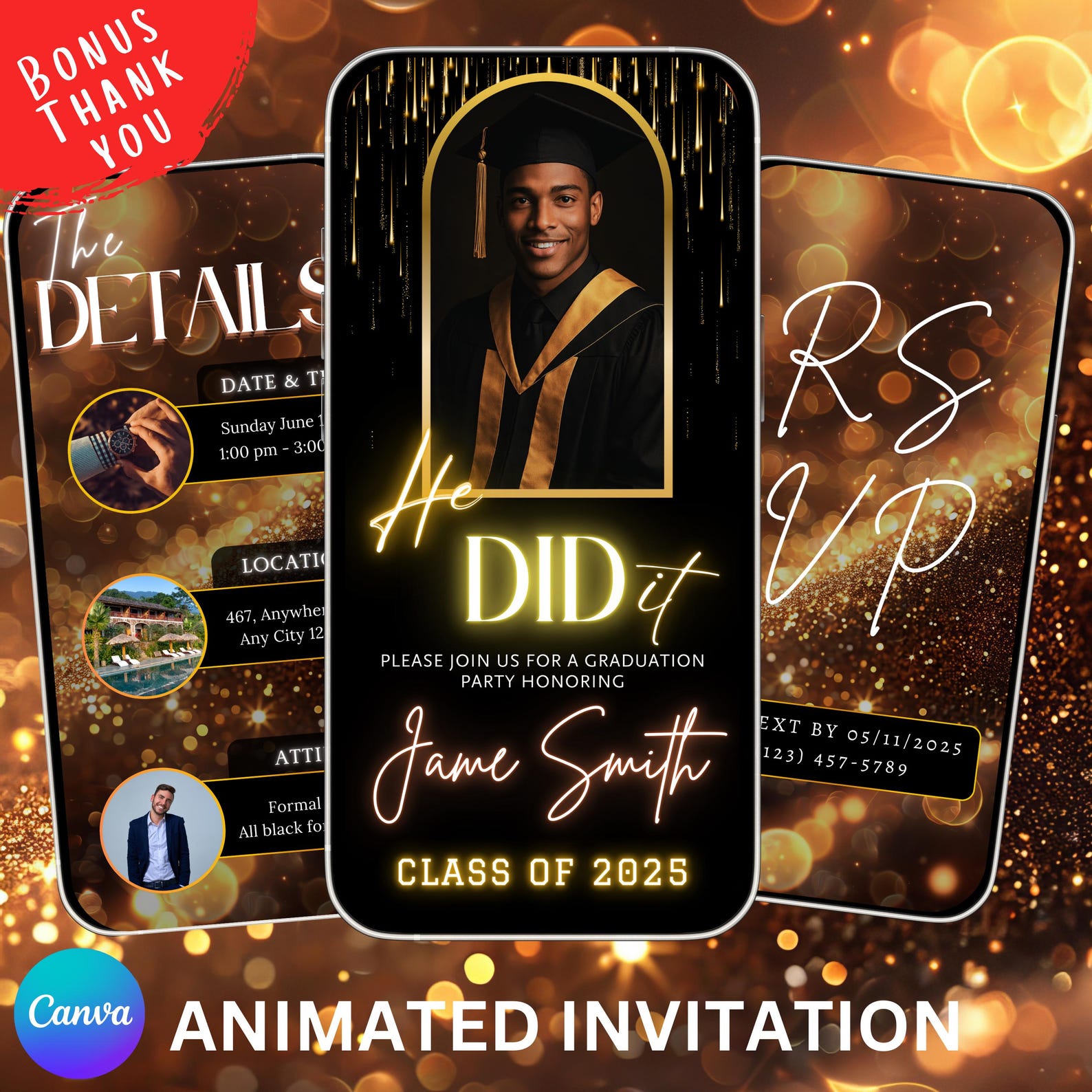 Black and Gold He Did It Graduation Celebration Invitation, Class of ...
