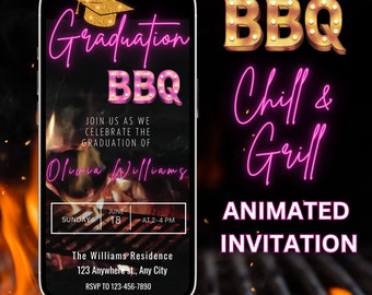Digital Graduation BBQ Party Invitation, Electronic Phone Text Message Evite, Pink Neon Greenery, 2024, Editable Template, Instant Download