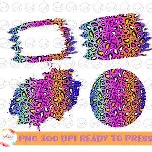 May include: A set of four digital clipart images featuring a rainbow leopard print design. The images include a circle, a rectangle, and two irregular shapes. The images are perfect for crafting projects, scrapbooking, and digital design.