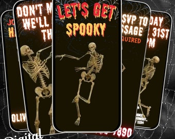 May include: Digital animated invitation with a skeleton dancing and the text "Let's Get Spooky" in red and yellow dripping letters. The background is black with a spiderweb pattern.