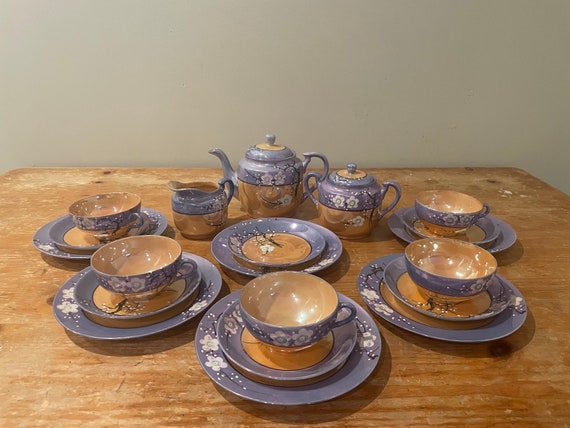 Vintage Lusterware Porcelain Tea Cup/Saucer Japan Peach & Blue Vintage Lusterware Porcelain Tea Cup/Saucer Japan Peach & Blue