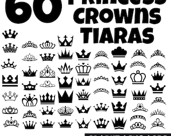 Puede incluir: Un archivo digital que contiene 60 diseños de coronas y tiaras de princesa en blanco y negro. El texto "60 Princess Crowns Tiaras" está en la parte superior de la imagen. El texto "Digital File" está en la parte inferior de la imagen. El texto "AI/DXF/SVG/EPS" está en la parte inferior derecha de la imagen. El texto "CAN I SELL WHAT I MAKE = YES" está debajo del texto "AI/DXF/SVG/EPS". El texto "CAN I SHARE OR SELL THE FILE = NO" está debajo del texto "CAN I SELL WHAT I MAKE = YES".
