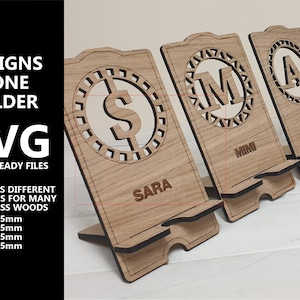 Soportes para teléfonos celulares soporte Archivo láser - 3 DISEÑOS TODAS LAS LETRAS Glowforge svg lightburn diseño corte láser