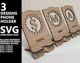 Soportes para teléfonos celulares soporte Archivo láser - 3 DISEÑOS TODAS LAS LETRAS Glowforge svg lightburn diseño corte láser