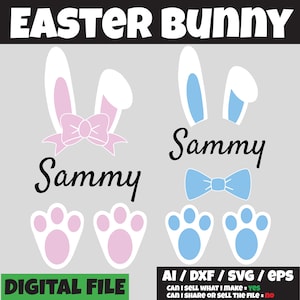 Puede incluir: Dos diseños de conejito de Pascua, uno rosa y otro azul, con orejas de conejo, una corbata de lazo y huellas de patas. El nombre "Sammy" está escrito debajo de cada diseño. El texto "EASTER BUNNY", "DIGITAL FILE", "AI/DXF/SVG/EPS", "CAN I SELL WHAT I MAKE = YES" y "CAN I SHARE OR SELL THE FILE = NO" también está incluido.