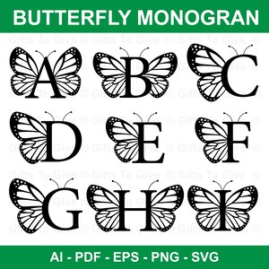May include: Black and white butterfly monogram letters A through I. Each letter is centered inside a butterfly silhouette.