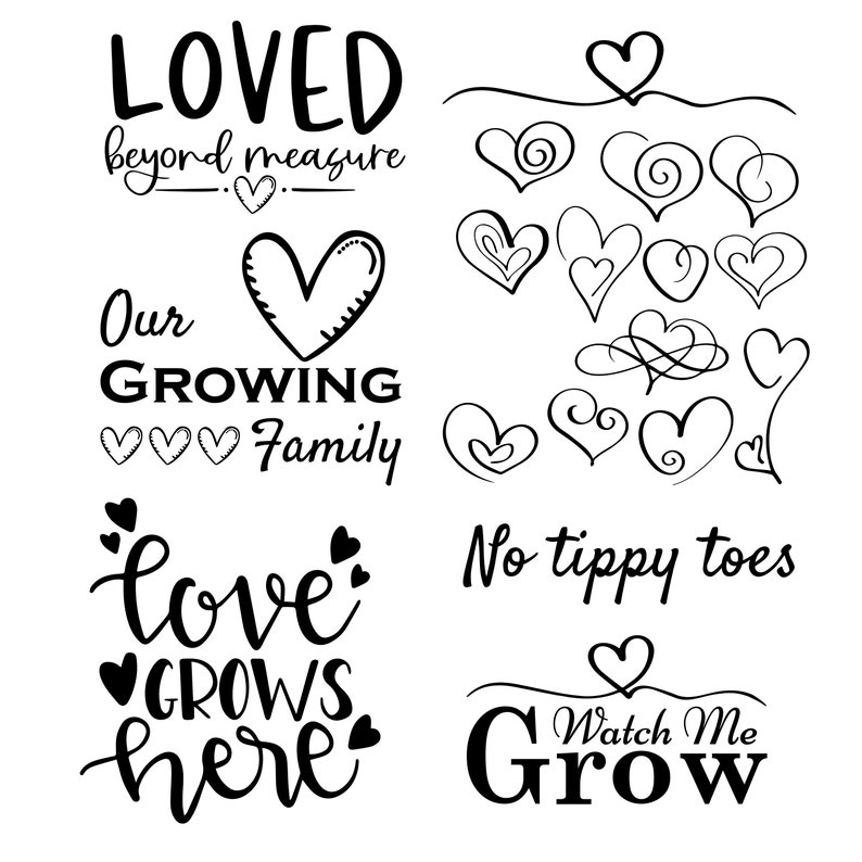 Puede incluir: Ilustraciones dibujadas a mano en blanco y negro de corazones con varios dise&ntilde;os y texto. El texto incluye "Loved beyond measure", "Our Growing Family", "love grows here", "No tippy toes" y "Watch Me Grow".