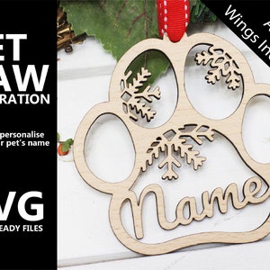 Pet Paw en Angel Wings versie kerstboom decoratie digitaal en bestand SVG Laser Glowforge geheugen hangende hond kat huisdier Lightburn ornament