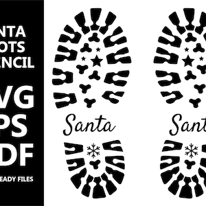 May include: Black and white silhouette of two Santa boot footprints with the word "Santa" written underneath each footprint. The footprints have a snowflake design in the heel.