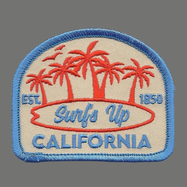 California Patch – Surfs Up Surfboard Surfing Palm Trees – Iron On Souvenir Travel Patch – CA Embellishment or Applique 3″
