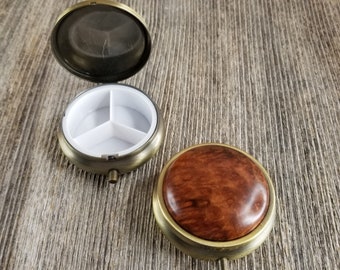 Handmade Pill Box 3 Sections Redwood Top California Burl Souvenir Memento Rustic Antique Bronze #284