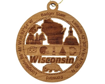 Wisconsin Wood Ornament - WI Souvenir - Handmade Wood Ornament Made in USA State Shape Cow Trees Cheese Football Helmet Beer