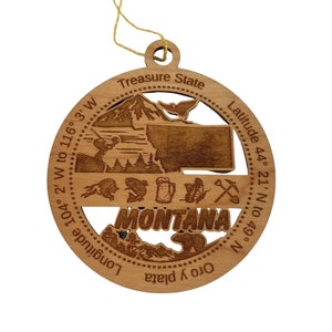 Montana Wood Ornament - MT Souvenir - Handmade Wood Ornament Made in USA State Shape Downhill Skier Trees Eagle Mountains Mining Tools
