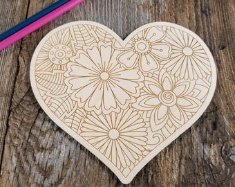 Color Your Own Wood Art ONLY DIY - Wood Trivet - Coloring Project - Craft Supply - Adult Craft Project - Floral Relaxation Gift Heart #3