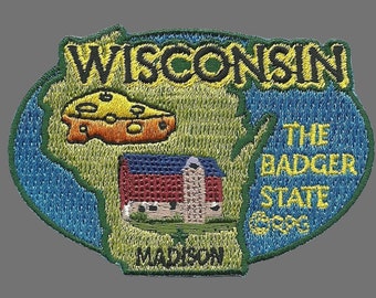 Wisconsin Patch – WI State Travel Patch Souvenir Applique 3" Iron On The Badger State Cheese  Barn Madison