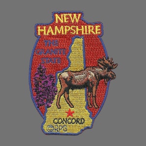 New Hampshire State Travel Patch NH Souvenir Embellishment or Applique 3&quot; The Granite State Concord Moose Purple Lilacs  Iron On