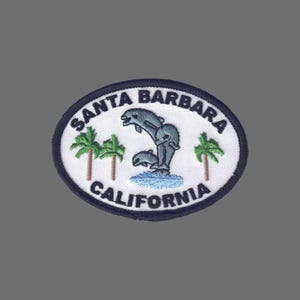 California Patch – Santa Barbara – Palm Trees and Dolphins – Travel Patch Iron On – California Souvenir Patch – CA Embellishment 3.5"