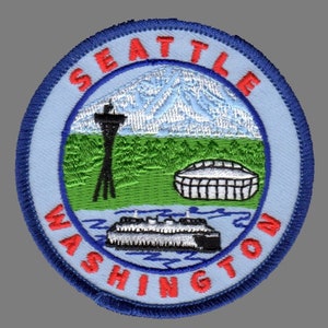 Seattle Washington Space Needle Patch Iron On Ferry Stadium - WA Travel Patch Embellishment Applique 3&quot; Circle