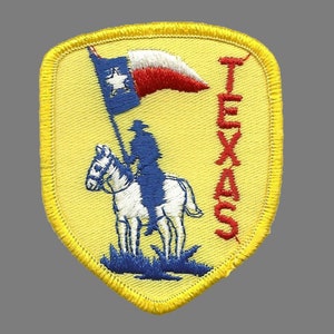 Texas Patch – Ranger on Horse – Texan Flag Patch Iron On Yellow Blue and Red Shield Texas Embellishment – Applique – TX Souvenir