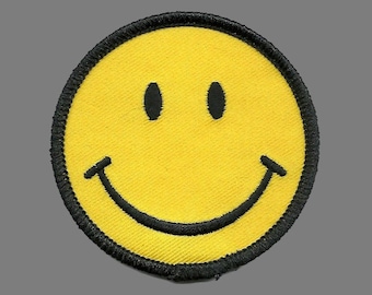 Smile Face Iron On Patch – Smile Black on Yellow Iron On Patch – Circle 2.5″ Happy Hippie Kids - Craft Patch