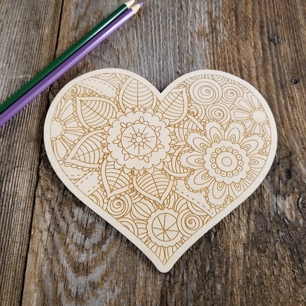 Color Your Own Wood Art ONLY DIY - Wood Trivet - Coloring Project - Craft Supply - Adult Craft Project - Floral Relaxation Gift Heart #4