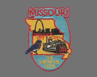 Missouri Patch State Travel Patch MO Souvenir Embellissement ou Applique 3 » The Show Me State Jefferson City Ferry Bluebird Iron On