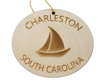 Charleston South Carolina Ornament - Handmade Wood Ornament - SC Souvenir Sailing Sailboat - Christmas Ornament Made in USA Travel Gift