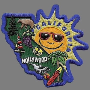 May include: A blue and yellow embroidered patch shaped like the state of California. It features a smiling sun with sunglasses, a bear, grapes, a lighthouse, a palm tree, and the word "HOLLYWOOD". The text "CALIFORNIA" is written around the sun.