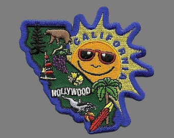 California Patch – State Shape – Big Sun and Map – Iron On Souvenir Travel Patch – CA Collage Embellissement ou Applique 2.75″